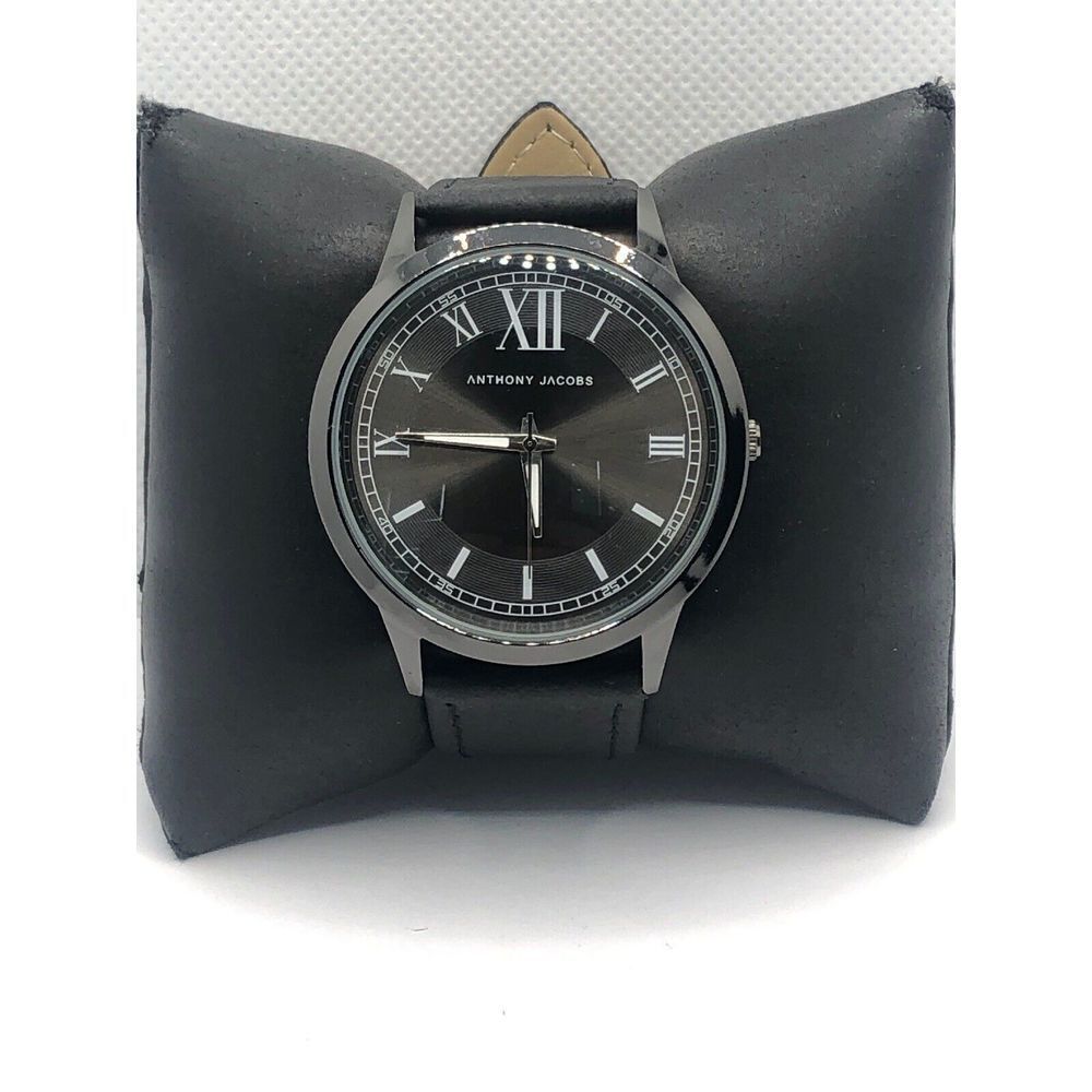 Anthony Jacobs Unisex Black Leather Analog Black Dial Quartz Genuine Watch OP17